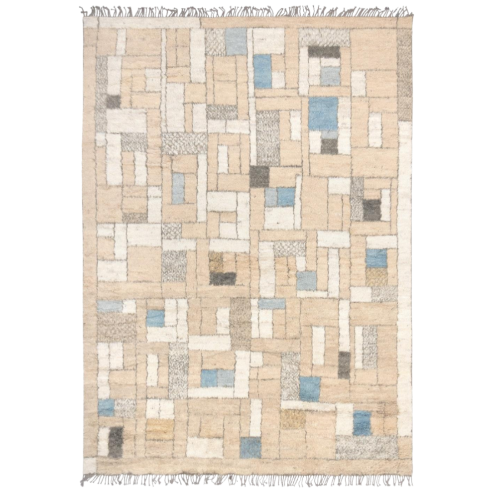 Patterned rug with geometric design on a white background