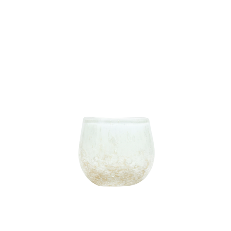 A clear glass vase with a mouth-blown texture and beige inclusions, isolated on a white background.