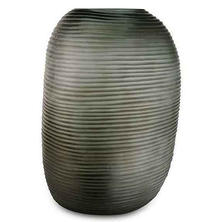 A tall, cylindrical vase with a dark color and a textured surface, glass