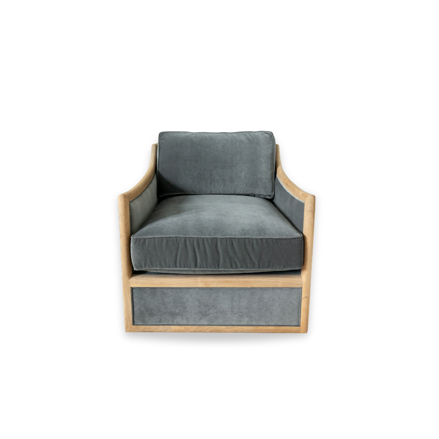 Gray cushioned chair with wooden frame on a white background
