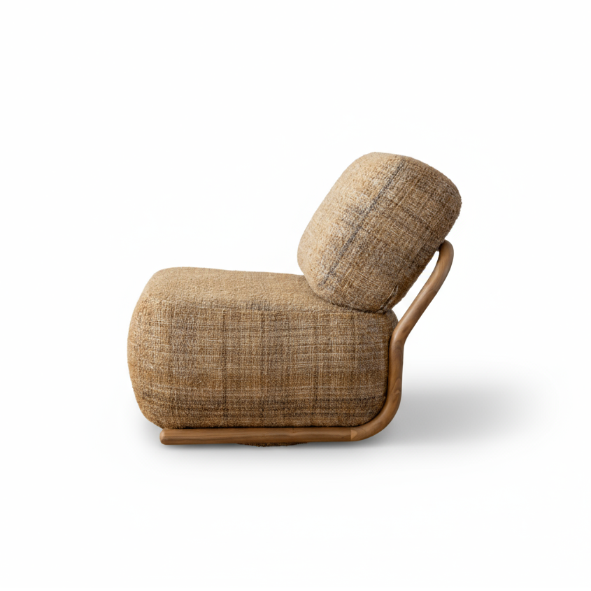 Beige lounge chair with wooden frame on a white background