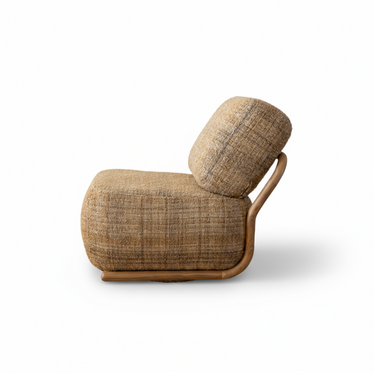 Beige lounge chair with wooden frame on a white background