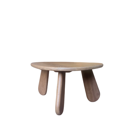 Wooden side table with three legs on a white background