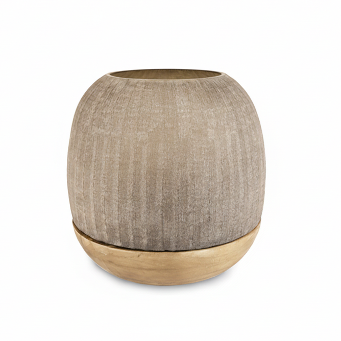 Textured round lantern with wooden base on a white background