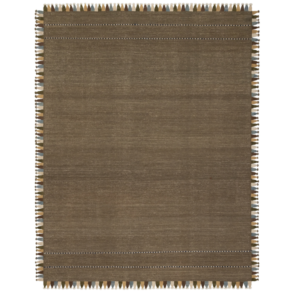 Brown rug with a textured border on a white background
