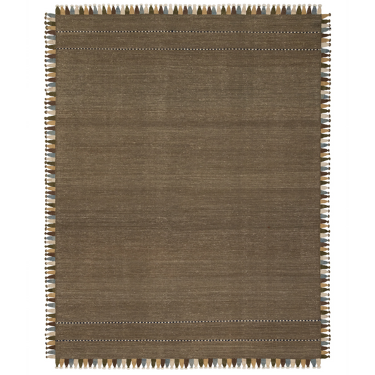 Brown rug with a textured border on a white background