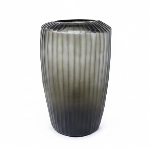 Tall ribbed vase with a gradient from gray to black on a white background