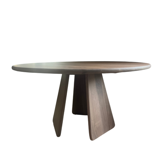 Wooden dining table with a modern design on a white background