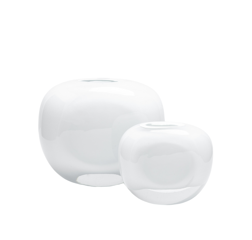 Two white, round, mouth-blown glass vases of different sizes against a white background.