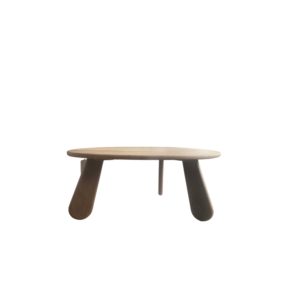 Wooden table with a minimalist design on a white background